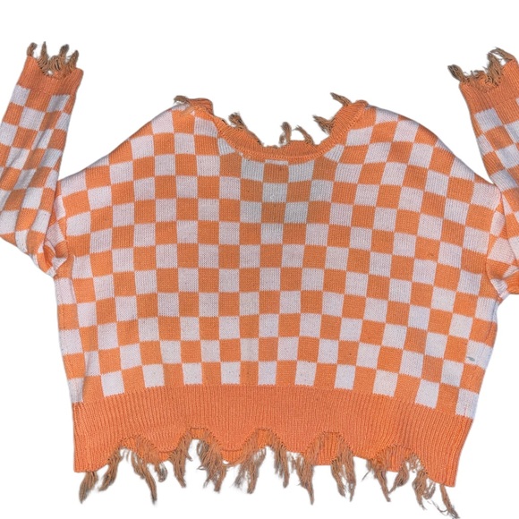 Just Polly - Checkered Print Drop - Shoulder Distressed - Edge Sweater - Picture 3 of 4